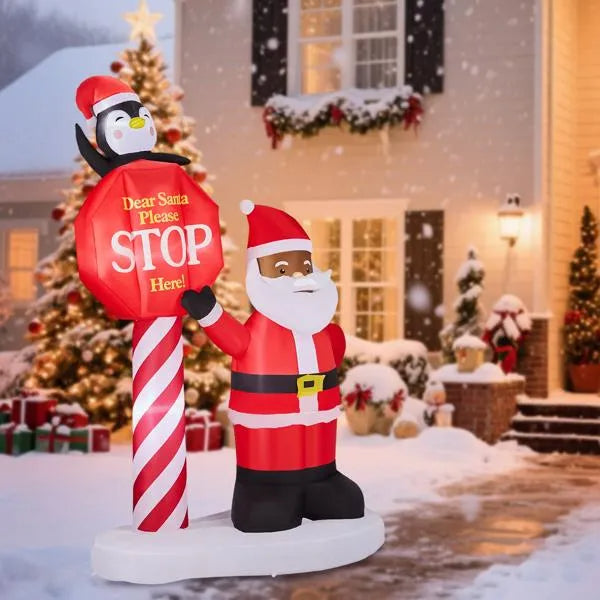 8.2FT Lighted Christmas Inflatable Decoration, Inflatable Black Santa & Road Sign