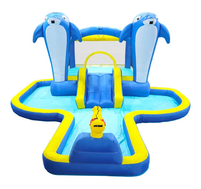 8 In1 Inflatable Slide Water Park Trampoline Bouncing House Outdoor Garden With Dolphin Sprinkler & Target Games &