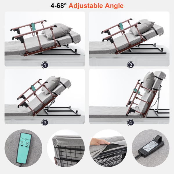 4-68° Upgraded Lifting System Electric Adjustable Bed Backrest with Collapsible Safety Rails, Remote Control - view 7