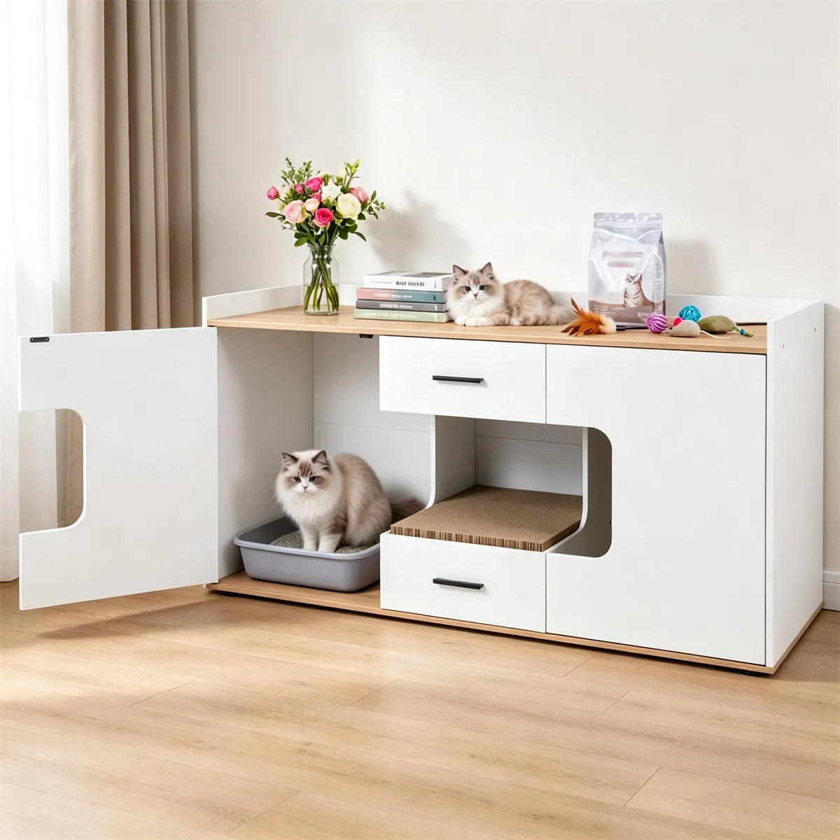 Large Cat Litter Box Enclosure Furniture with Storage Drawers & Built-In Scratching Board