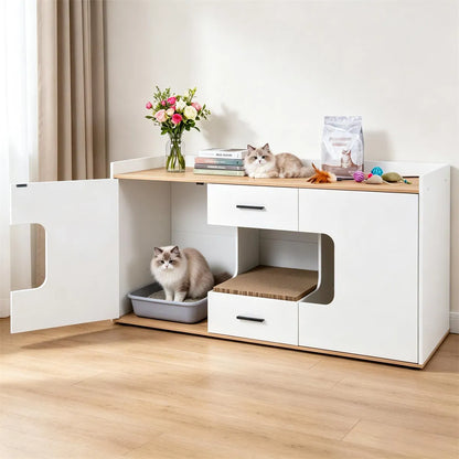 Large Cat Litter Box Enclosure Furniture with Storage Drawers & Built-In Scratching Board