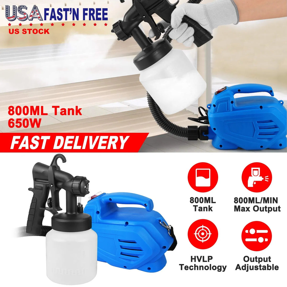800ML Paint Spray Painter 650W Paint Sprayer Machine 800ML/Min Output HVLP Oil Primer Water Sprayer w / 3 Spraying - view 5