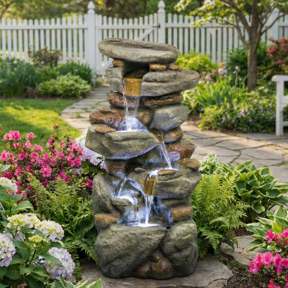 Outdoor Water Fountain Large - Stone Fountains With LED Light For Patio Yard Garden Backyard Decking Outdoor Or - view 2