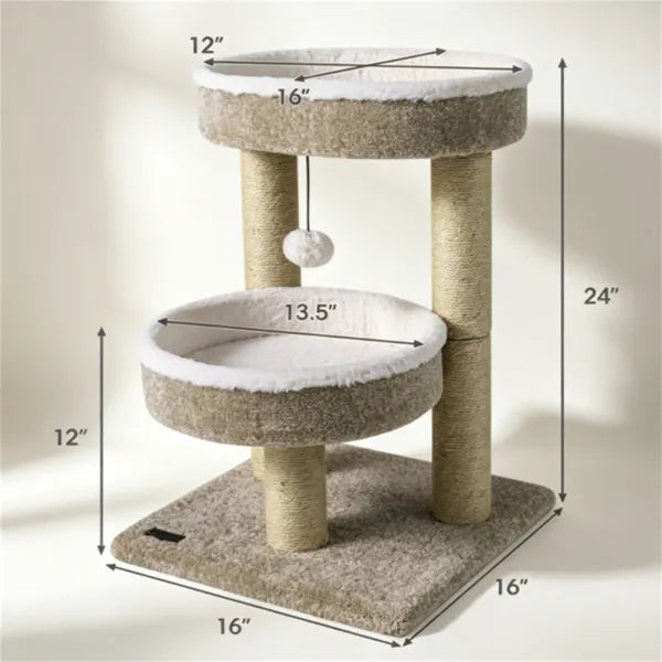 24 Inch Compact Cat Tree With 2 Plush Perches, Jute Rope Scratching Posts & Hanging Toy Ball - view 4