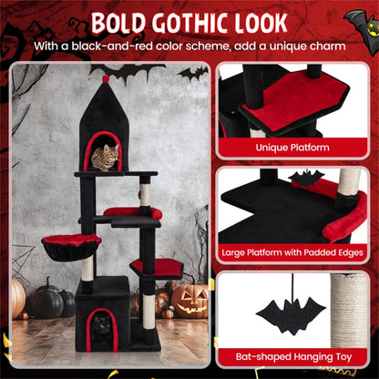 Gothic 5-Level Cat Tree 63" Tall with Sisal Scratching Posts Black Red Cat Tower - view 4