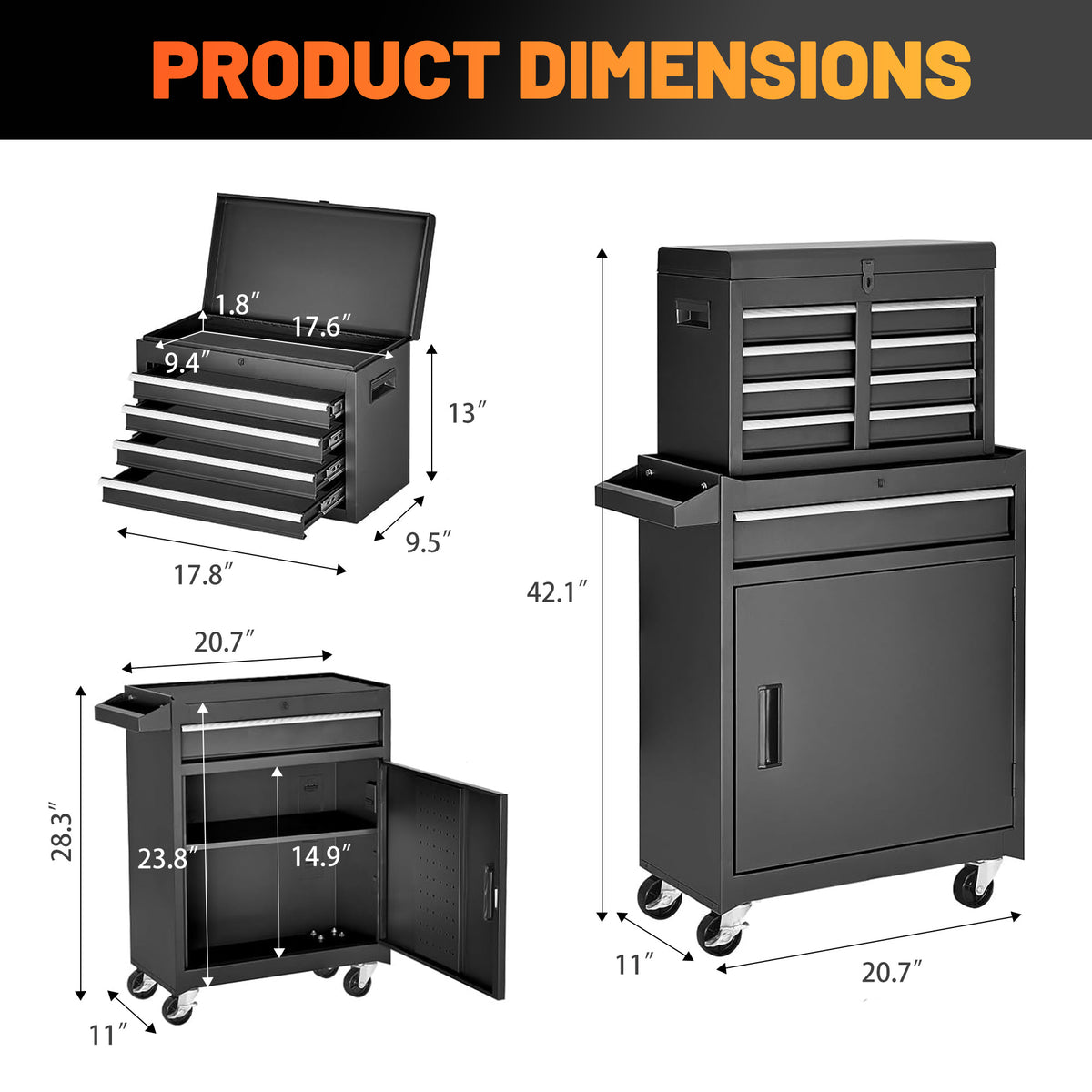 Tool Chest, 5-Drawer Rolling Tool Storage Cabinet With Detachable Top Tool Box, Liner, Universal Lockable Wheels - view 5