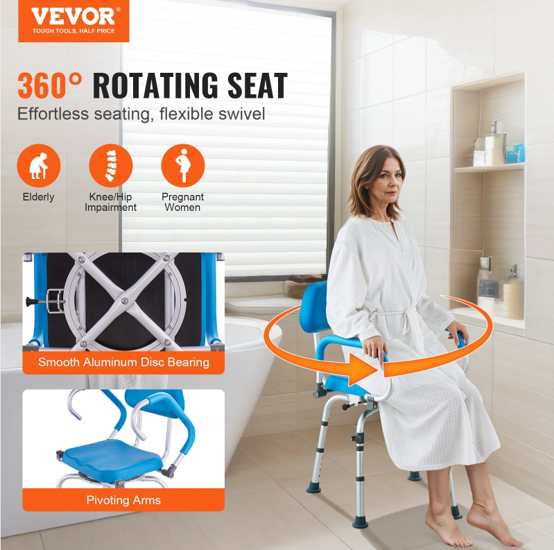 Swivel Shower Chair 360 Degree, Adjustable Shower Seat With Pivoting Arms & Padded Bath Seat For Inside Shower Or Tub