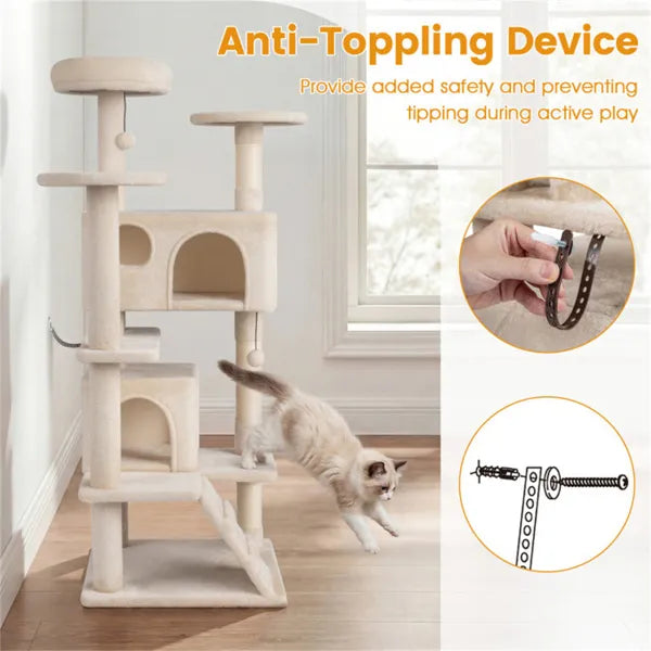 52" Tall Cat Tree Tower With Perches & Condos, Multi-Cat Playground With Scratching Posts (Beige) - view 3