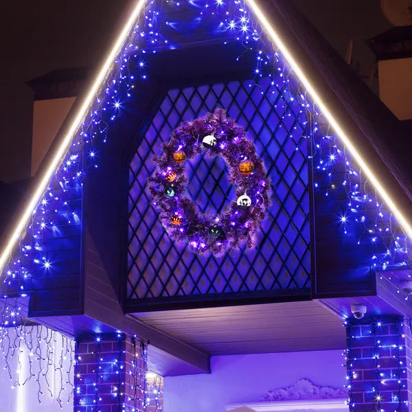 24in Pre-lit Halloween-Themed Christmas Wreath, Lighted Artificial Xmas Wreath With 50 Purple & Orange Lights And - view 3