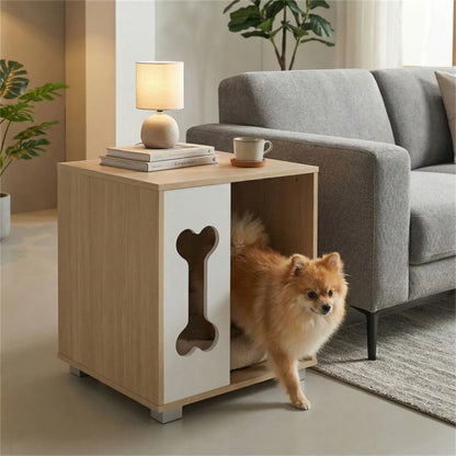 Cat Dog House Dog Bed Side Table Wooden Dog Condo with Bone-shape Window and Thick Metal Legs - view 2