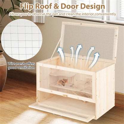 Fir Wood Hamster Cage with Flip Roof, Multi-Ladder Activity Areas for Guinea Pigs Hedgehogs - view 10