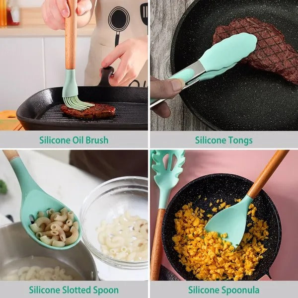 11Pcs Silicone Cooking Utensil Set Heat Resist Wooden Handle Silicone Spatula Ladle Spaghetti Server Tongs Spoon Egg - view 4