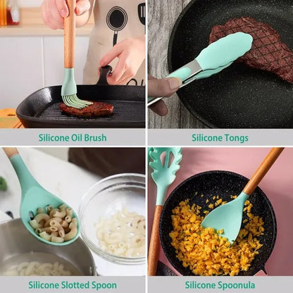 11Pcs Silicone Cooking Utensil Set Heat Resist Wooden Handle Silicone Spatula Ladle Spaghetti Server Tongs Spoon Egg - view 4