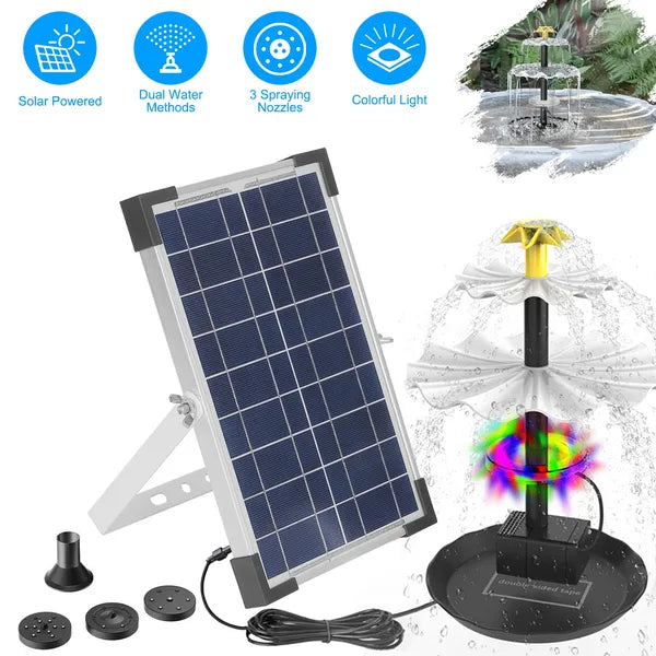 3-Tier Solar Bird Bath Fountain Solar Powered Water-Pump Waterfall Feature With Colorful Light 3 Nozzles 6W Solar Panel