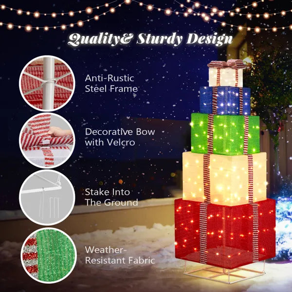6FT Lighted Gift Box Tower, Pre-lit Pull Up Present Boxes with 200 LED Warm White Lights and Ropes Stakes for Christmas - view 4