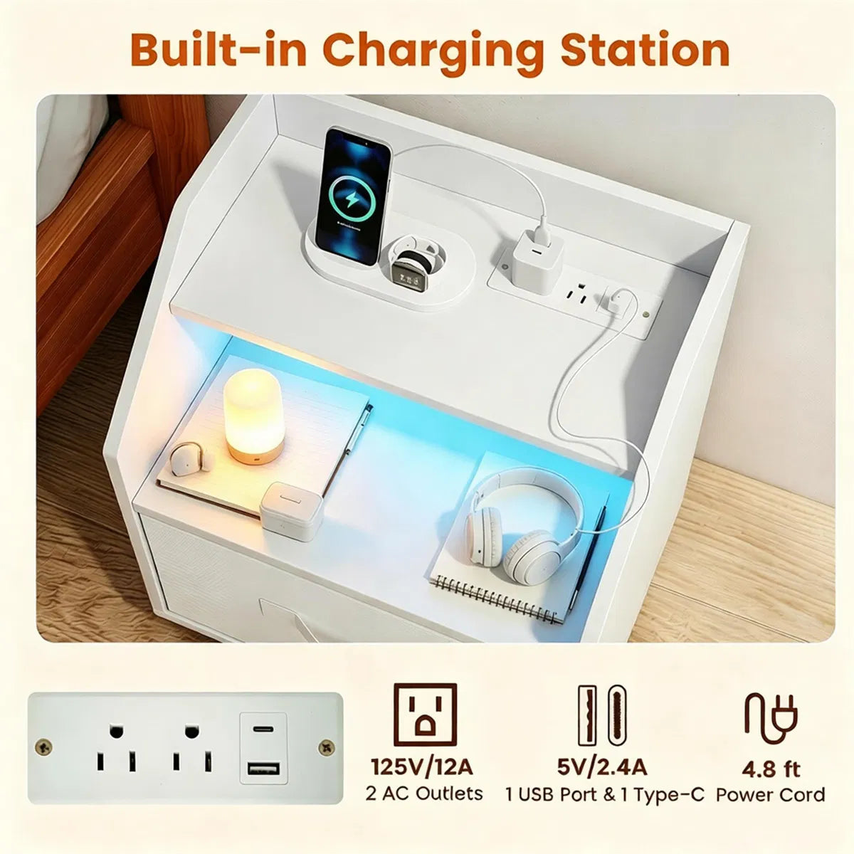 LED Nightstand with Charging Station, 16 Color RGB Remote Controlled Bedside Table with 2 AC Outlets USB Type-C Port - view 7
