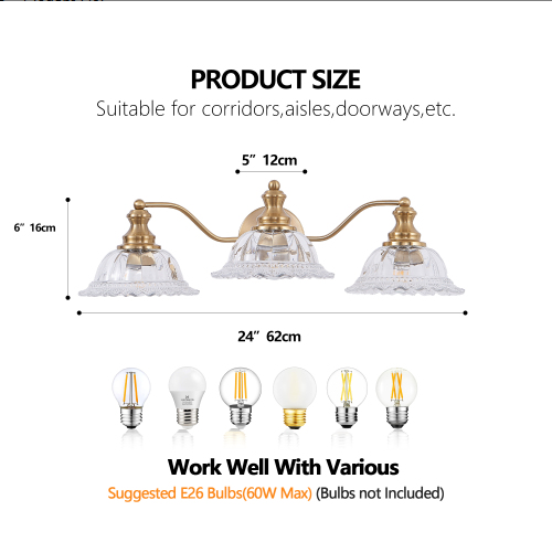 24 Inch 3-Light Vintage Bathroom Wall Sconce - Elegant Golden Metal And Glass Lampshade Vanity Light Fixture - view 6