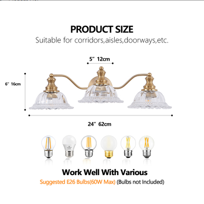 24 Inch 3-Light Vintage Bathroom Wall Sconce - Elegant Golden Metal And Glass Lampshade Vanity Light Fixture - view 6