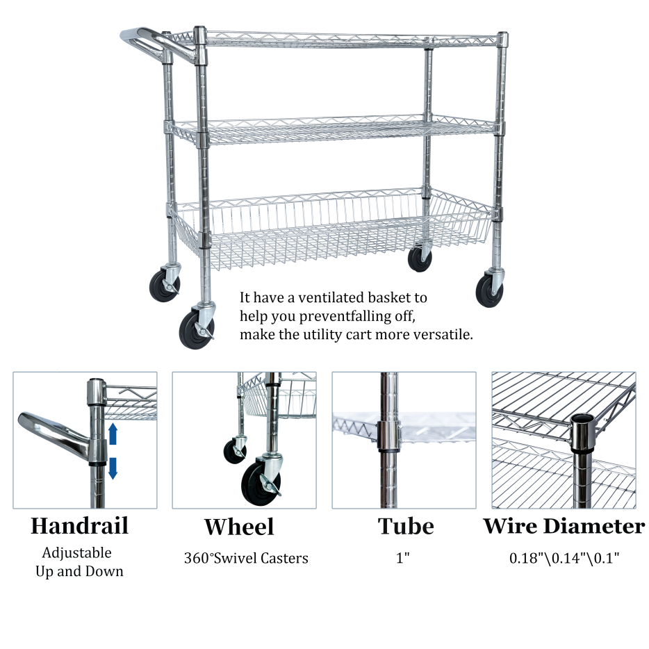 Heavy Duty Rolling Utility Cart,3 Tier Rolling Carts With Wheels,with Handle Bar & Shelf Liners - view 8