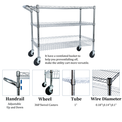 Heavy Duty Rolling Utility Cart,3 Tier Rolling Carts With Wheels,with Handle Bar & Shelf Liners - view 8