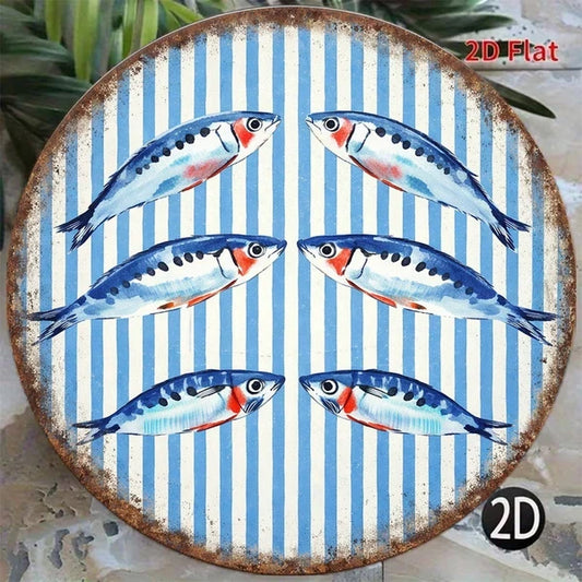 Vintage Sardine Wall Sign Round Seafood Plaque Mediterranean, Vintage Sardine