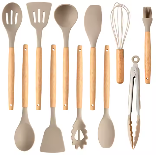 Non-Stick Silicon 12 Pcs Heat Resistant Wooden Handle Kitchen Cooking Utensils Set, Khaki Color - view 5