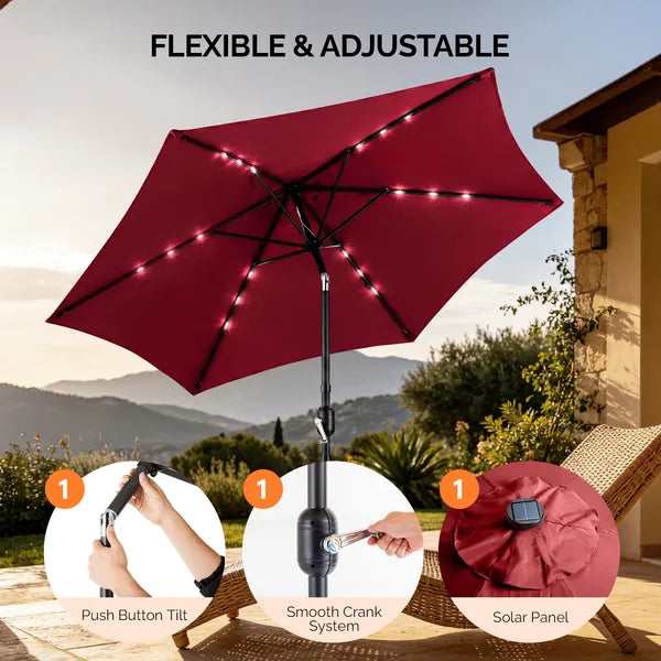 9ft Solar LED Patio Umbrella With Push Button Tilt & Crank, 6 Ribs Waterproof Polyester Outdoor Market Table Umbrella - view 5