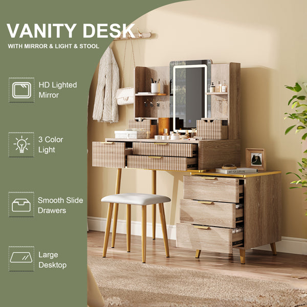 7-Drawer Vanity Desk With LED Mirror & Carved Details, Fluted Makeup Table With Metal Legs And PU Stool - view 4