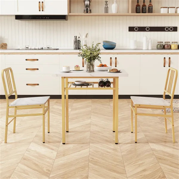 3-Piece Dining Table Set (White + Gold), Space-Saving Tuck-under Chair Design - view 3