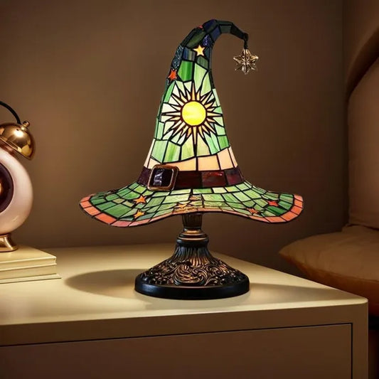 Witch Hat Lamps, Handcrafted Stained Glass Resin Wizard Hat Light Gothic Table Lamp For Halloween Decor