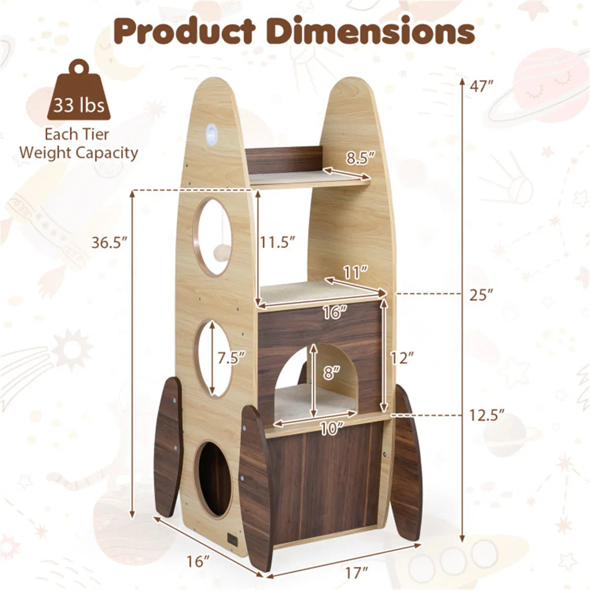 4-Tier Rocket Shape Cat Tree with 2-Tier Condo Sisal Scratch Pad Hanging Pompom Natural+White - view 5