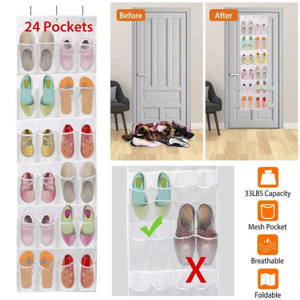 1Pc Over The Door Shoes Rack 24-Pocket Crystal Clear Organizer 6-Layer Hanging Storage Shelf For Shoes Slippers Small