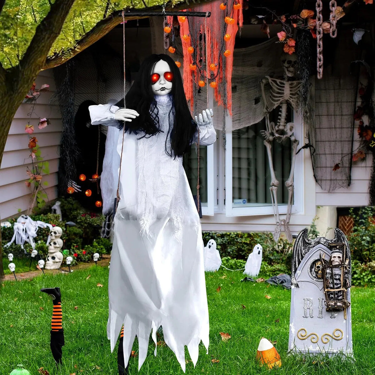 Scary Halloween Decorations Outdoor, Halloween Hanging Swinging Doll Girl with Sound & Slap Activated - view 6