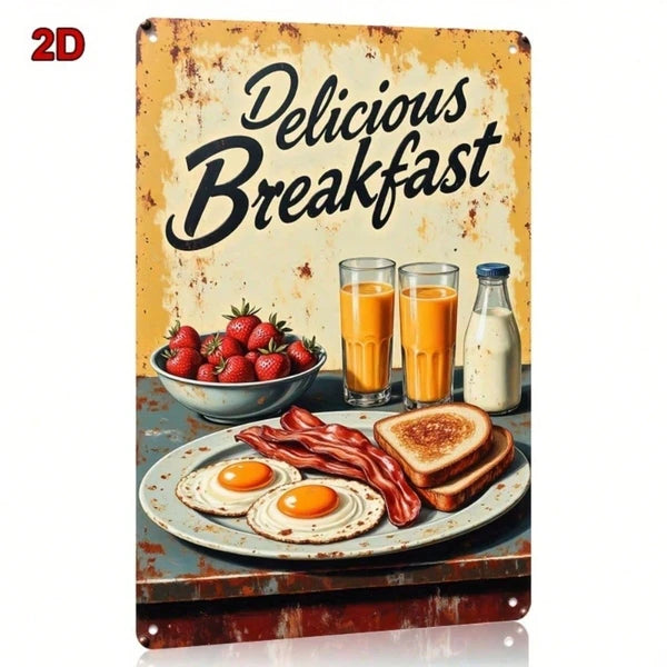 1PC 8x12 Inch Vintage Metal Sign, Fried Eggs Bacon Toast Breakfast Wall Art, Waterproof Rustproof Iron Plaque - view 2