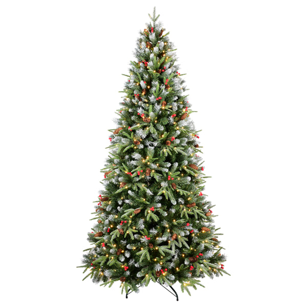 Artificial 6ft Green LED-lit Christmas Tree With 1593PE/PVC Mixed Branch Tips,Red Fruit And Pine Cone
