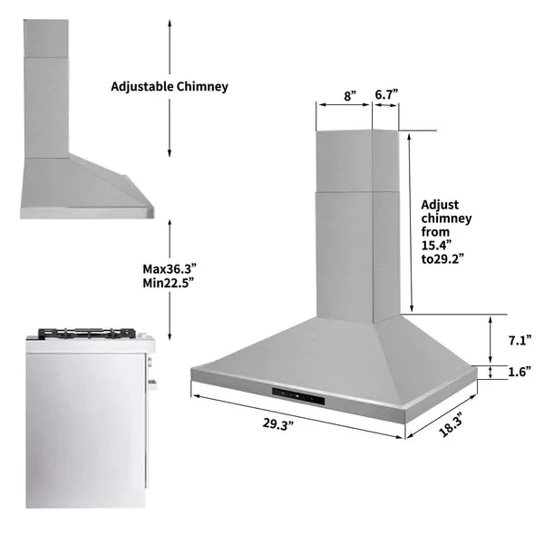 Range Hood 30 Inch, Vent Hoods 30 Inch Stainless Steel, 450 CFM Ductless/Ducted Convertible Kitchen Hood With LED Light - view 2