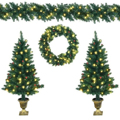 4 Pieces Christmas Decoration Set With Garland Wreath And Entrance Trees - view 4