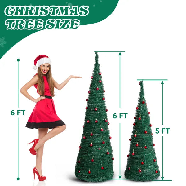 2 Pack, 6FT 5FT Artificial Up Christmas Tree With Red Ball Ornaments For For Home Office Store Holiday Deco, Green - view 9