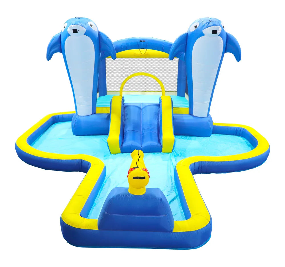 8 In1 Inflatable Slide Water Park Trampoline Bouncing House Outdoor Garden With Dolphin Sprinkler & Target Games & - view 6