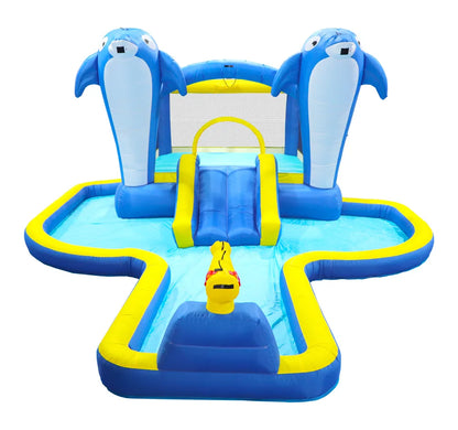 8 In1 Inflatable Slide Water Park Trampoline Bouncing House Outdoor Garden With Dolphin Sprinkler & Target Games & - view 6