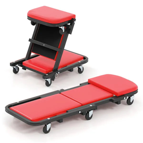 Foldable Garage Creeper With Padded Seat, 6 Universal Casters Dual-Mode Repair Tool For Workshop