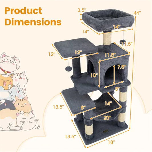 44" Multi-Level Cat Tree With Spacious Top Perch, 2-Door Condo & Hammock For Indoor Cats -Gray - view 2