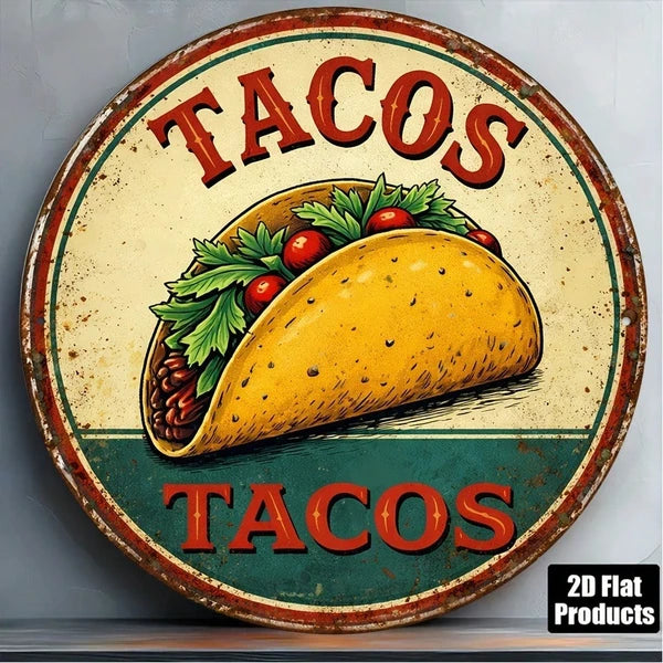 1pc 8x8 Inch 2D Flat Round Sign, Flat Round Sign, Sign, Vintage Tacos Mexican Corn Tortilla Food Plaque - view 4