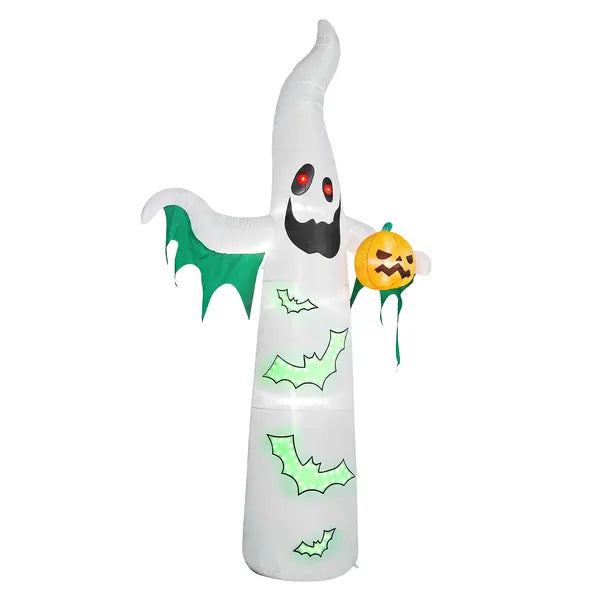 12ft Inflatable Halloween Decor With Flashing Bats & White Ghosts, 4 LED Lights + 82 String Lights, White & Green