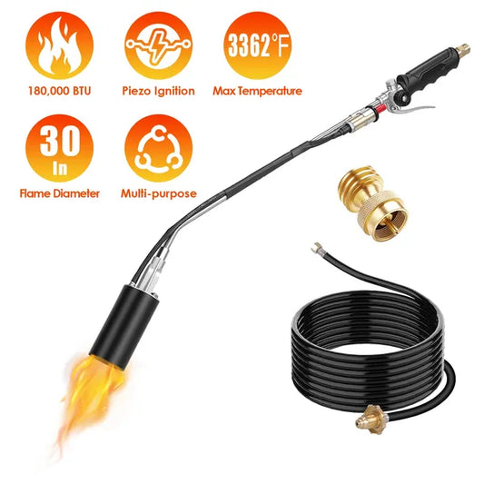 180,000 BTU Propane Weed Torch Heavy Duty Weed Burner Flame Weeder With 10FT Hose Piezo Ignition Adjustable Flame