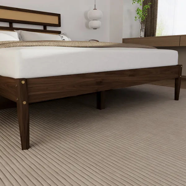 Dark walnut wood painted finish + rattan and pine wood double headboard King size bed, Bohemian style - view 10