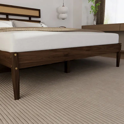 Dark walnut wood painted finish + rattan and pine wood double headboard King size bed, Bohemian style - view 10