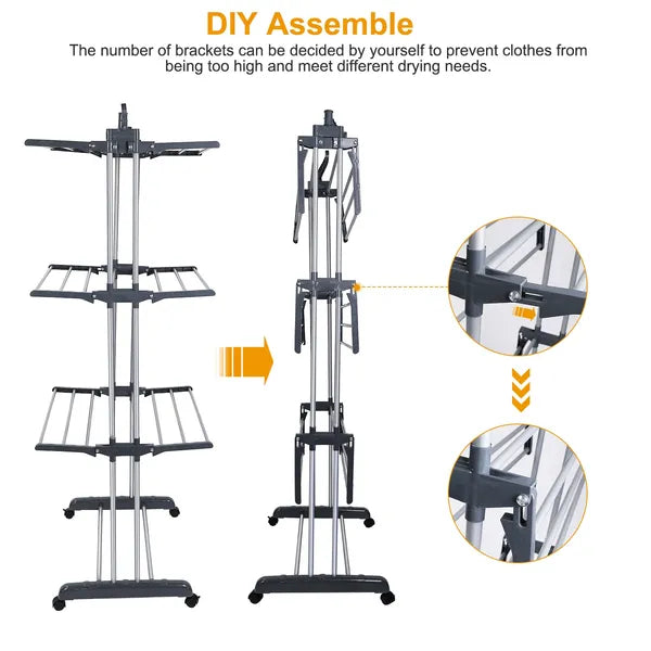 Clothes Drying Rack Rolling Collapsible Laundry Dryer Hanger Stand Rail Shelve Wardrobe Clothing Drying Racks - view 2