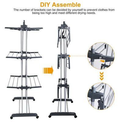 Clothes Drying Rack Rolling Collapsible Laundry Dryer Hanger Stand Rail Shelve Wardrobe Clothing Drying Racks - view 2
