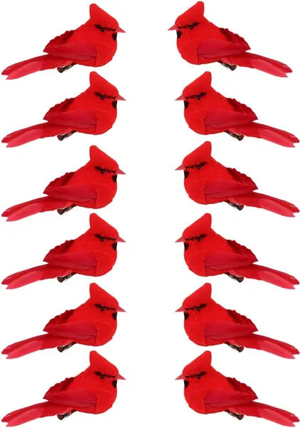 12 Pcs Cardinal Birds For Crafts, Mini Cardinal Clip On Christmas Tree Ornaments Artificial Red Birds Decorations
